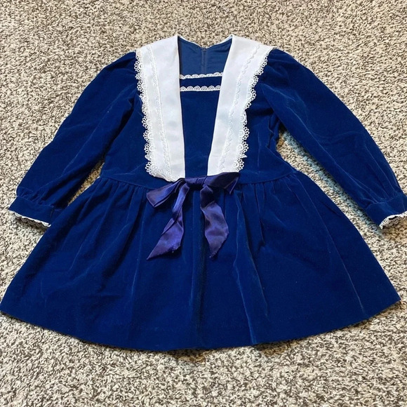 Bonnie Jean Other - Vintage Union Made Bonnie Jean Blue Velvet Dress with White Trim & Lace Details